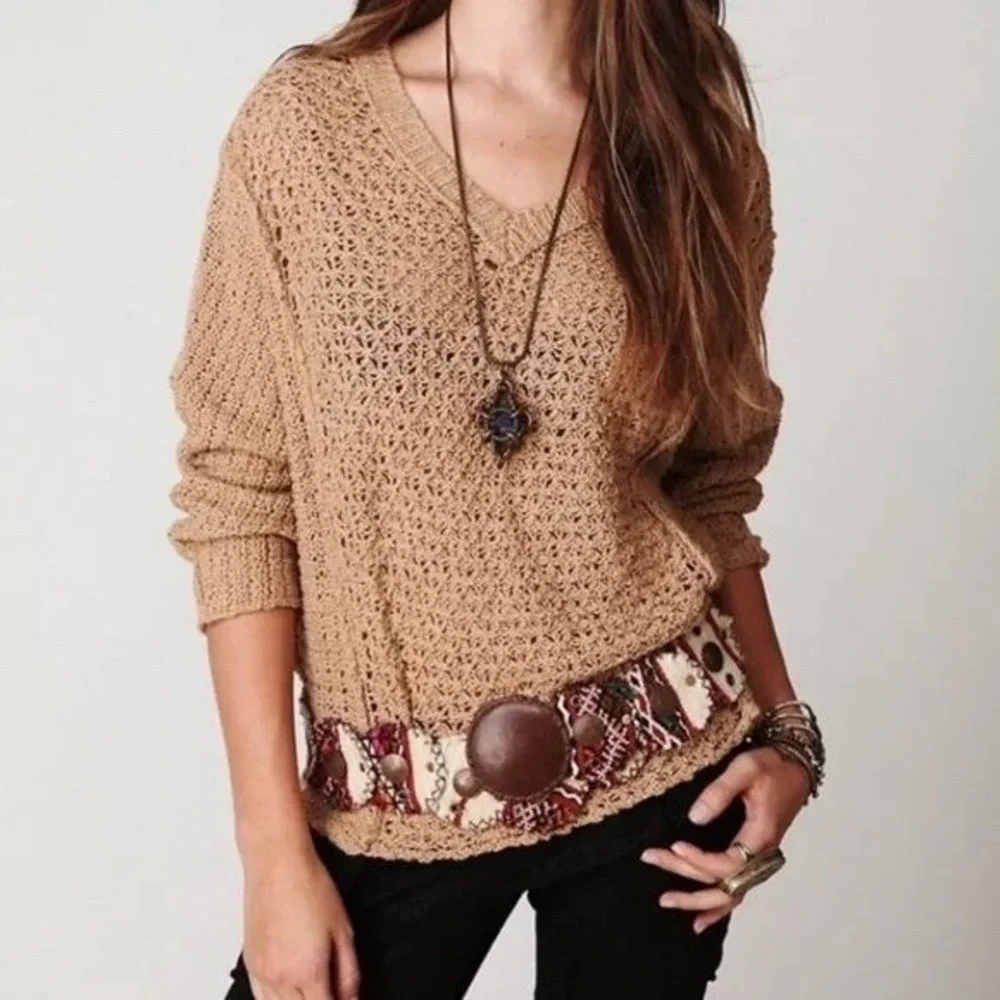 Free People Open Knit Crochet Sweater L Tan Cotton Boho Beach V-Neck Oversized